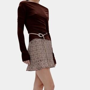 NWT Ownley Kira Mini Skirt Modern Mosaic Brown Cream Chain Look Ruffle Hem L